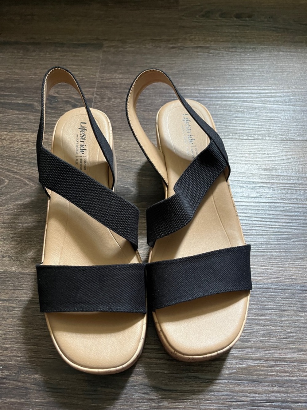 Life Stride Black Elastic Slingback Sandals with Tan Footbed